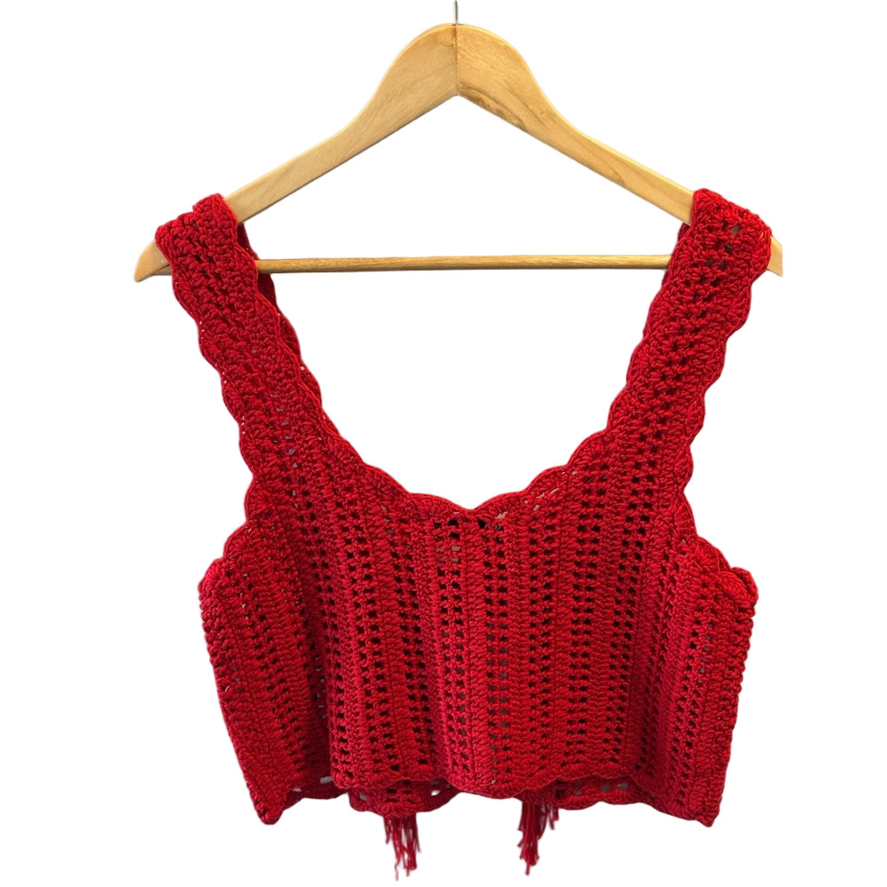 Zara Red Crochet Fringe Knit Sleeveless Crop Top M Weatern Festival Boho NEW - Picture 3 of 12